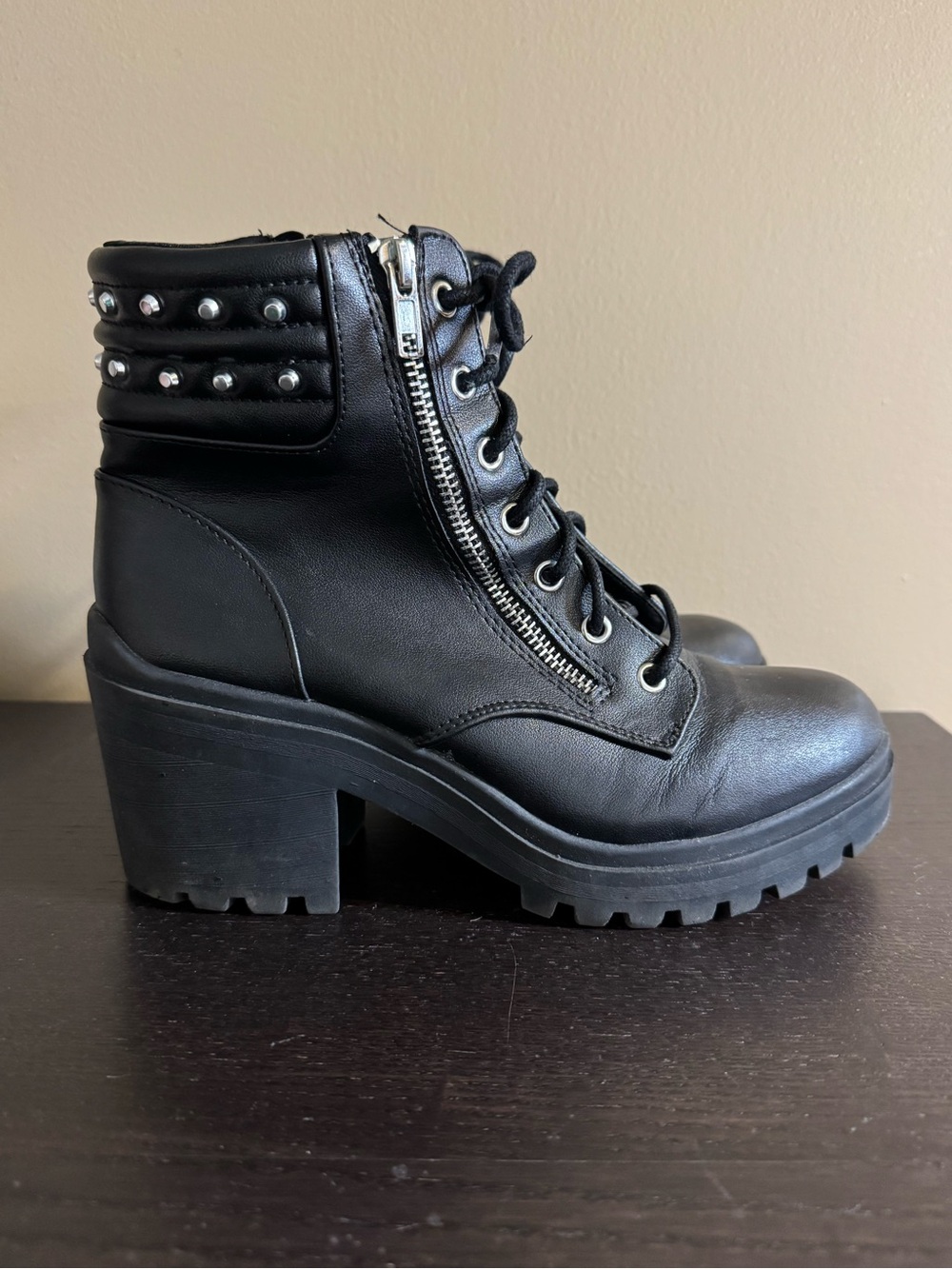 Black Studded Lug-Heel Ankle Boots - Women's Size 9